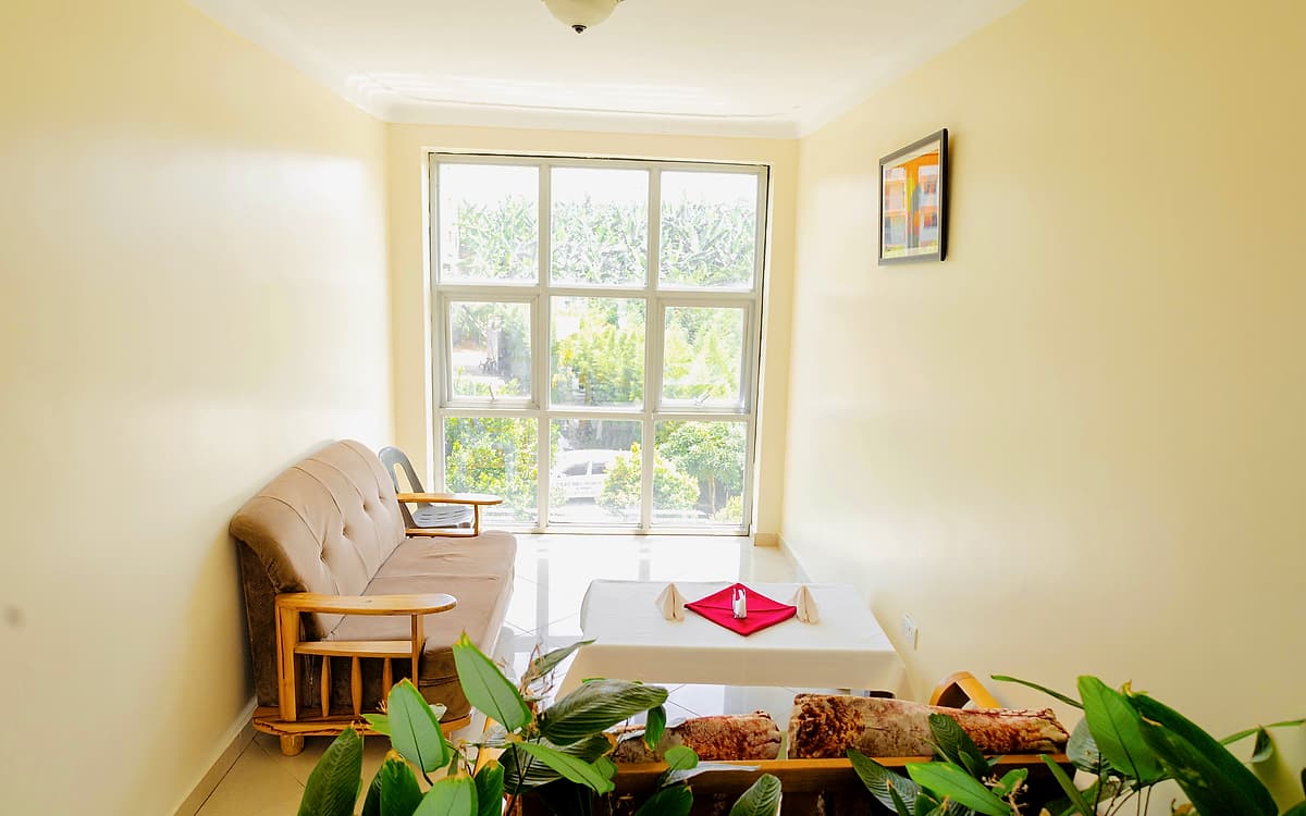 A lounge area beside the garden